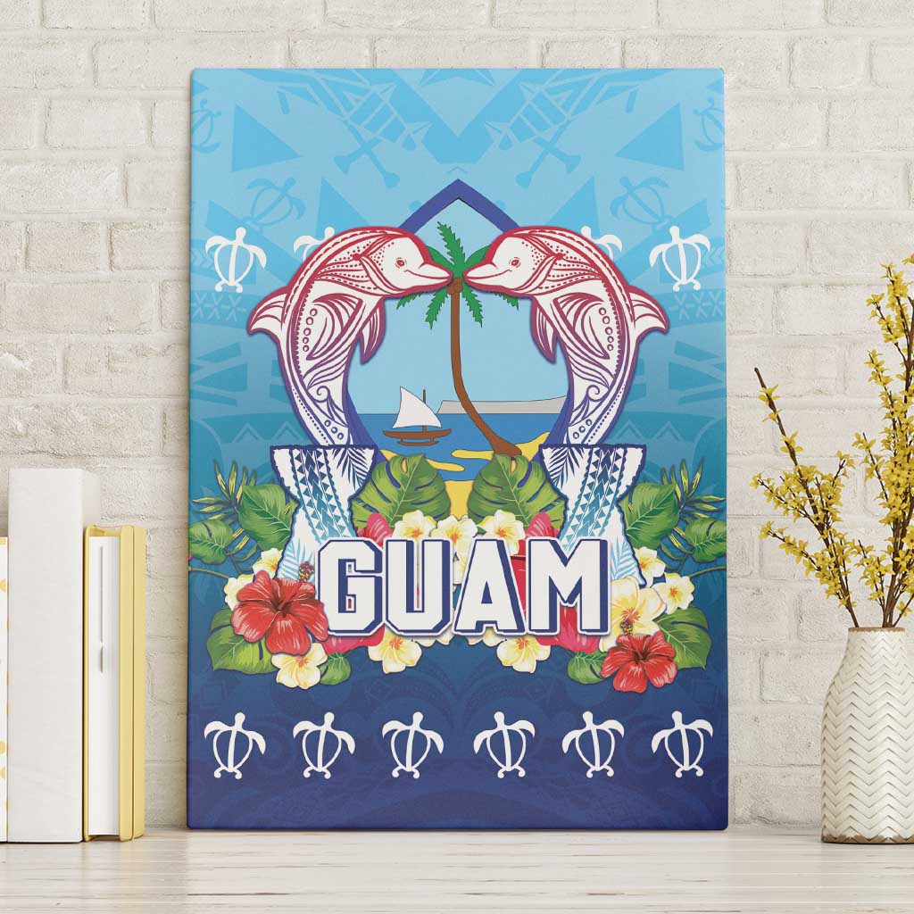 Guam Chamorro Canvas Wall Art Tribal Latte Stone With Dolphins Blue