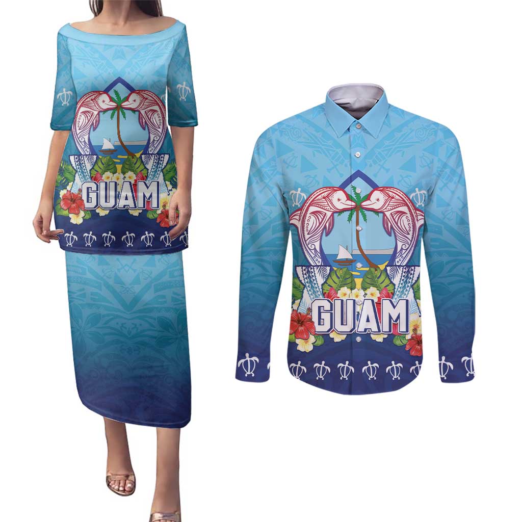 Guam Chamorro Couples Matching Puletasi and Long Sleeve Button Shirt Tribal Latte Stone With Dolphins Blue