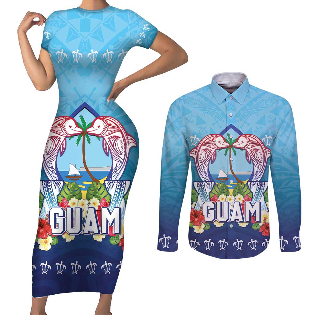 Guam Chamorro Couples Matching Short Sleeve Bodycon Dress and Long Sleeve Button Shirt Tribal Latte Stone With Dolphins Blue
