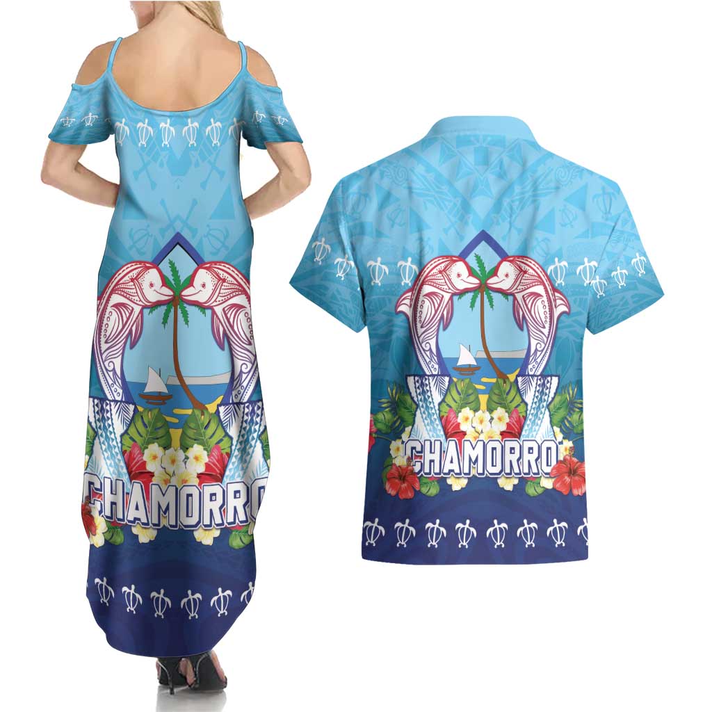 Guam Chamorro Couples Matching Summer Maxi Dress and Hawaiian Shirt Tribal Latte Stone With Dolphins Blue