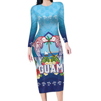 Guam Chamorro Family Matching Long Sleeve Bodycon Dress and Hawaiian Shirt Tribal Latte Stone With Dolphins Blue