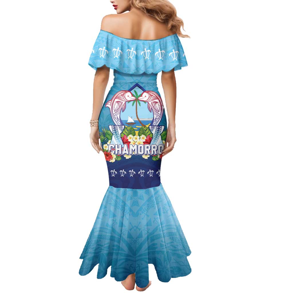 Guam Chamorro Family Matching Mermaid Dress and Hawaiian Shirt Tribal Latte Stone With Dolphins Blue