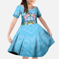 Guam Chamorro Family Matching Off The Shoulder Long Sleeve Dress and Hawaiian Shirt Tribal Latte Stone With Dolphins Blue LT05 Daughter's Dress Blue - Polynesian Pride