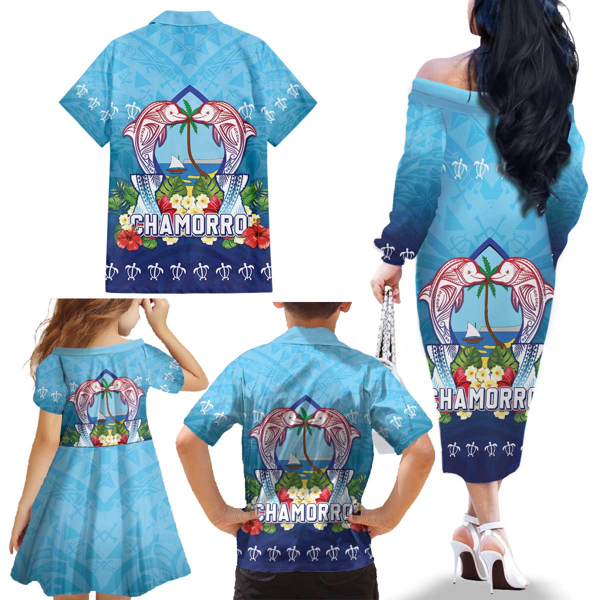 Guam Chamorro Family Matching Off The Shoulder Long Sleeve Dress and Hawaiian Shirt Tribal Latte Stone With Dolphins Blue LT05 - Polynesian Pride