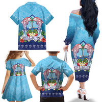 Guam Chamorro Family Matching Off The Shoulder Long Sleeve Dress and Hawaiian Shirt Tribal Latte Stone With Dolphins Blue LT05 - Polynesian Pride
