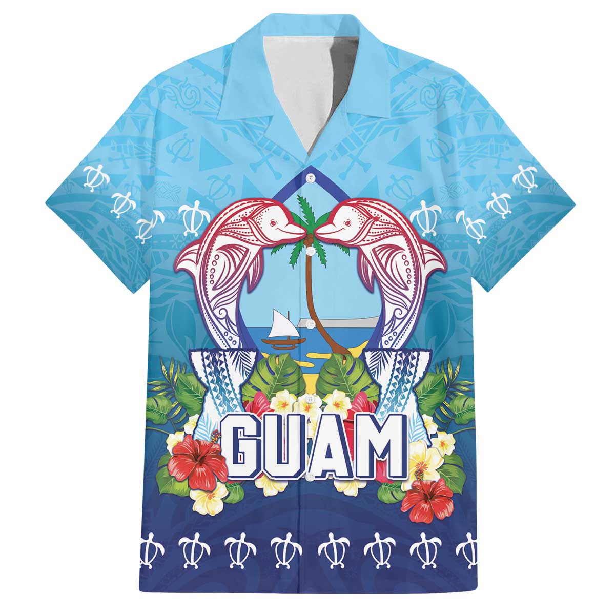 Guam Chamorro Family Matching Off The Shoulder Long Sleeve Dress and Hawaiian Shirt Tribal Latte Stone With Dolphins Blue LT05 Dad's Shirt - Short Sleeve Blue - Polynesian Pride