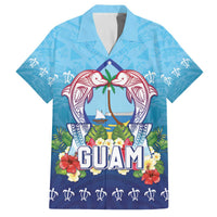 Guam Chamorro Family Matching Off The Shoulder Long Sleeve Dress and Hawaiian Shirt Tribal Latte Stone With Dolphins Blue LT05 Dad's Shirt - Short Sleeve Blue - Polynesian Pride
