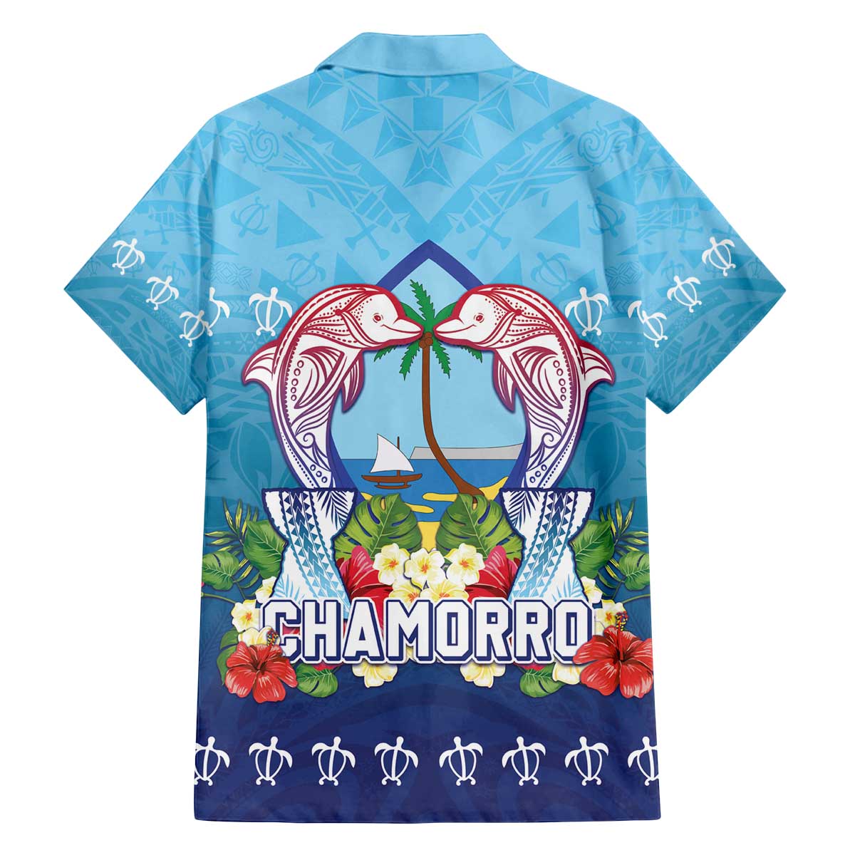 Guam Chamorro Family Matching Off The Shoulder Long Sleeve Dress and Hawaiian Shirt Tribal Latte Stone With Dolphins Blue LT05 - Polynesian Pride