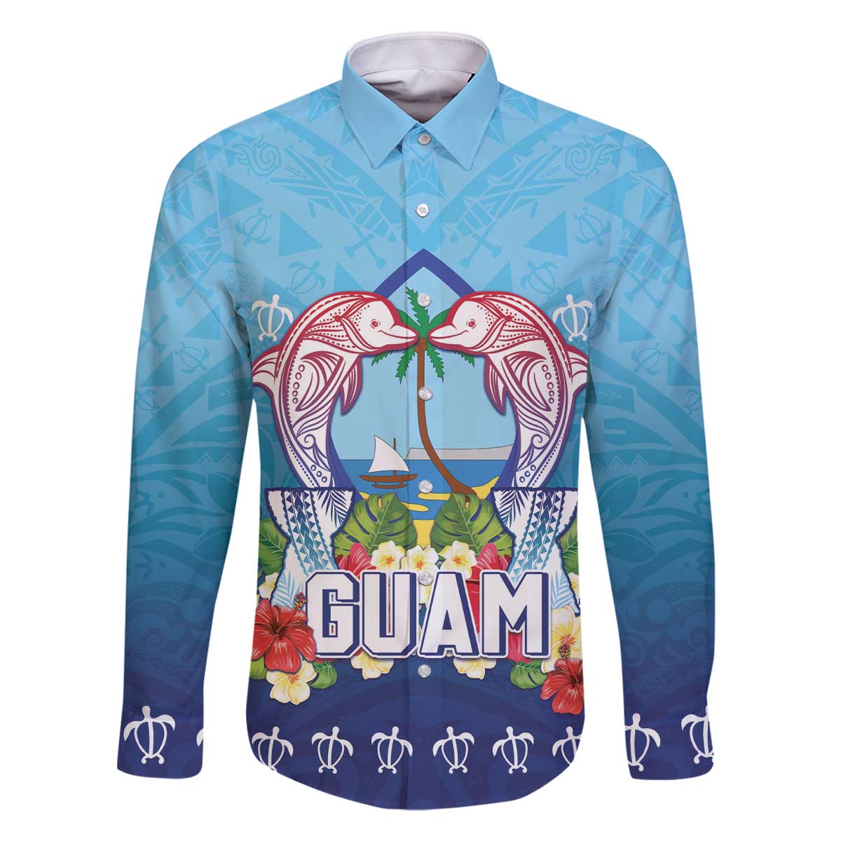 Guam Chamorro Family Matching Off The Shoulder Long Sleeve Dress and Hawaiian Shirt Tribal Latte Stone With Dolphins Blue LT05 Dad's Shirt - Long Sleeve Blue - Polynesian Pride