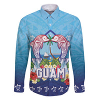 Guam Chamorro Family Matching Off The Shoulder Long Sleeve Dress and Hawaiian Shirt Tribal Latte Stone With Dolphins Blue LT05 Dad's Shirt - Long Sleeve Blue - Polynesian Pride