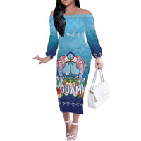 Guam Chamorro Family Matching Off The Shoulder Long Sleeve Dress and Hawaiian Shirt Tribal Latte Stone With Dolphins Blue LT05 Mom's Dress Blue - Polynesian Pride