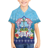 Guam Chamorro Family Matching Off The Shoulder Long Sleeve Dress and Hawaiian Shirt Tribal Latte Stone With Dolphins Blue LT05 Son's Shirt Blue - Polynesian Pride