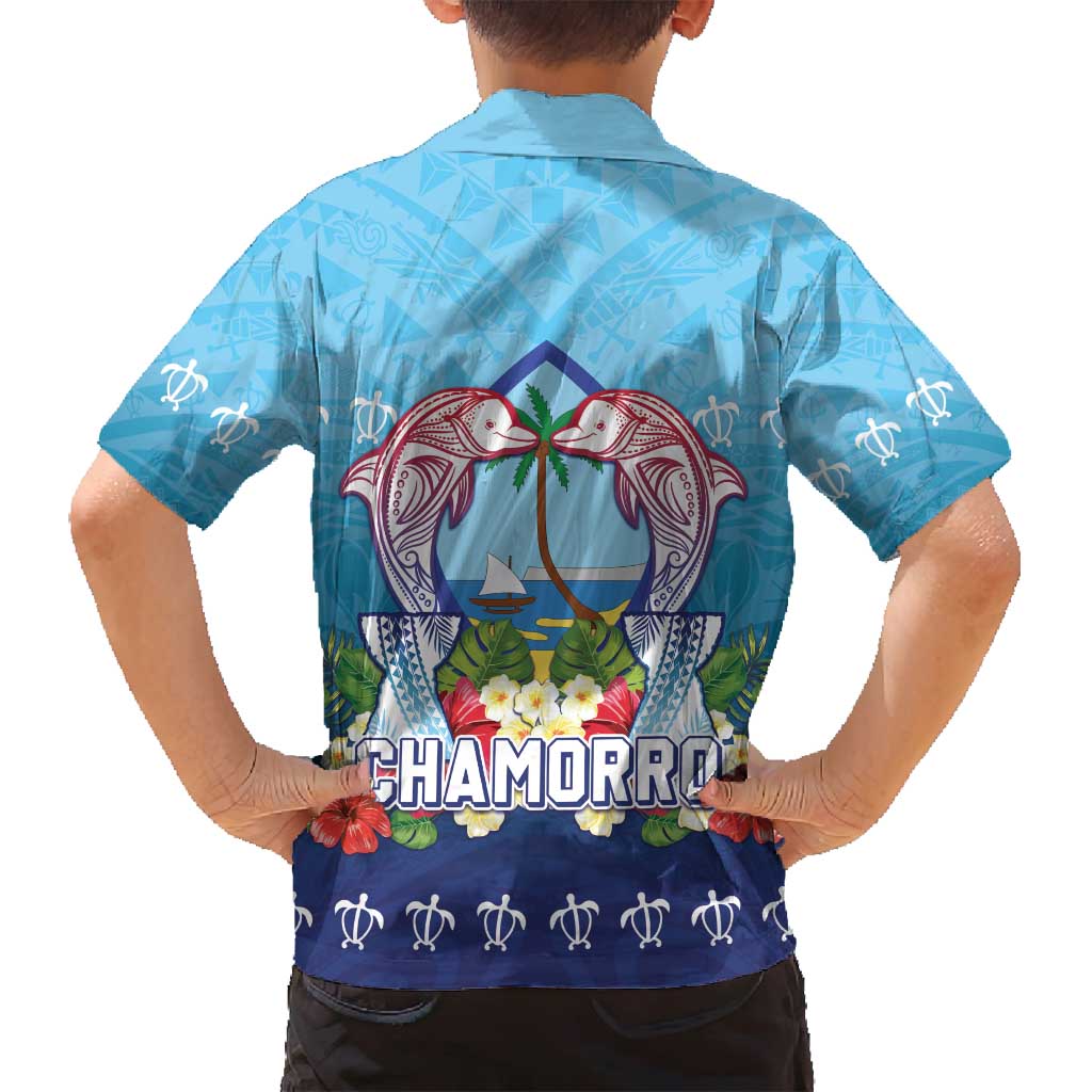 Guam Chamorro Family Matching Off Shoulder Maxi Dress and Hawaiian Shirt Tribal Latte Stone With Dolphins Blue