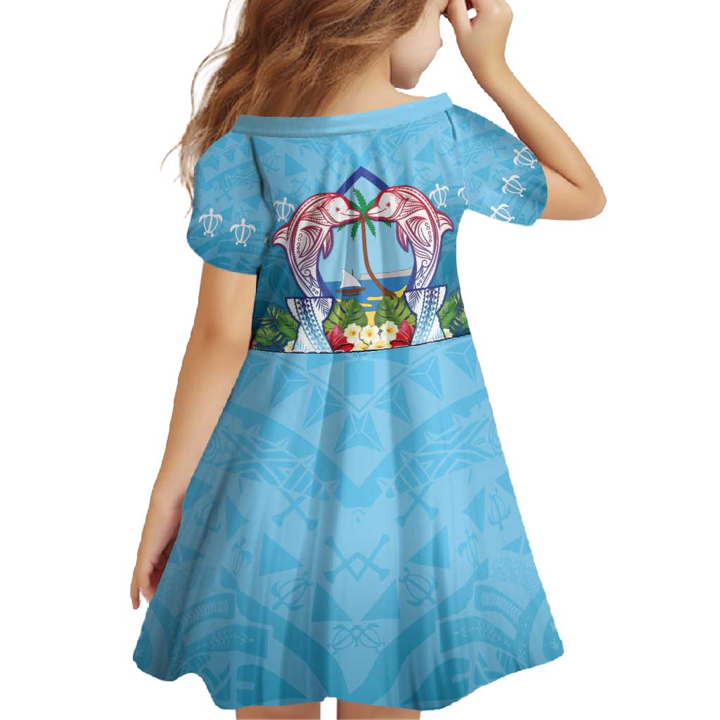 Guam Chamorro Family Matching Off Shoulder Maxi Dress and Hawaiian Shirt Tribal Latte Stone With Dolphins Blue