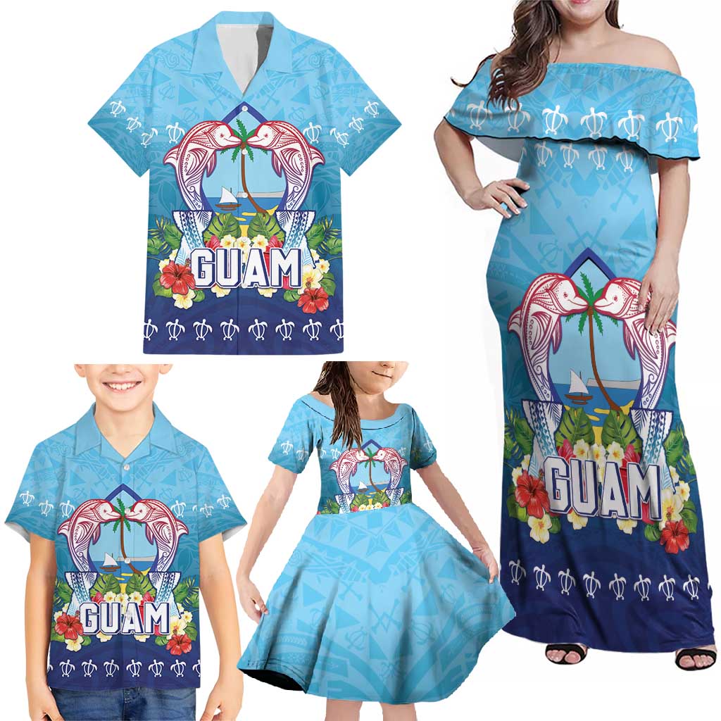 Guam Chamorro Family Matching Off Shoulder Maxi Dress and Hawaiian Shirt Tribal Latte Stone With Dolphins Blue