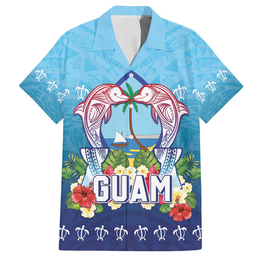 Guam Chamorro Family Matching Off Shoulder Short Dress and Hawaiian Shirt Tribal Latte Stone With Dolphins Blue LT05 Dad's Shirt - Short Sleeve Blue - Polynesian Pride
