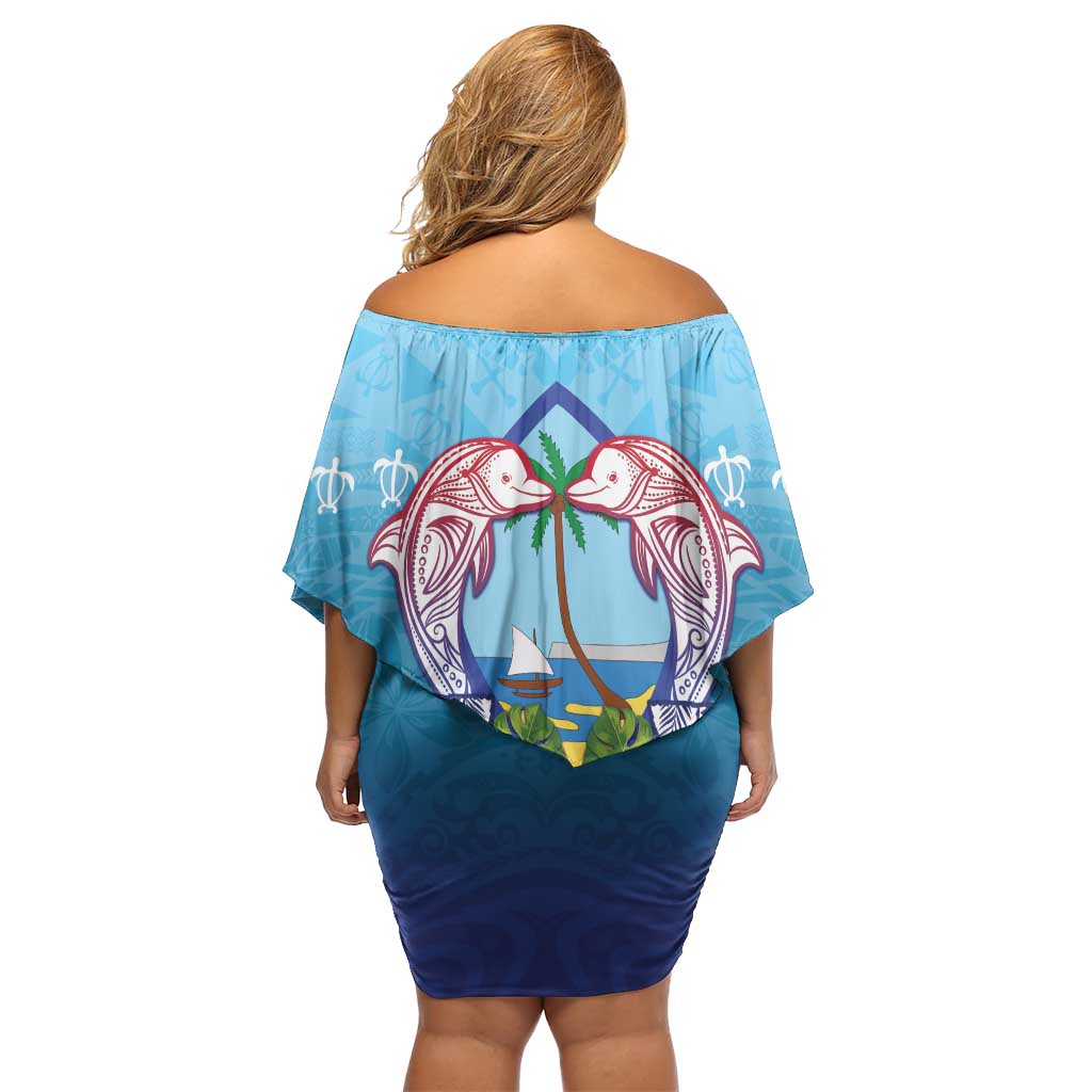 Guam Chamorro Family Matching Off Shoulder Short Dress and Hawaiian Shirt Tribal Latte Stone With Dolphins Blue LT05 - Polynesian Pride