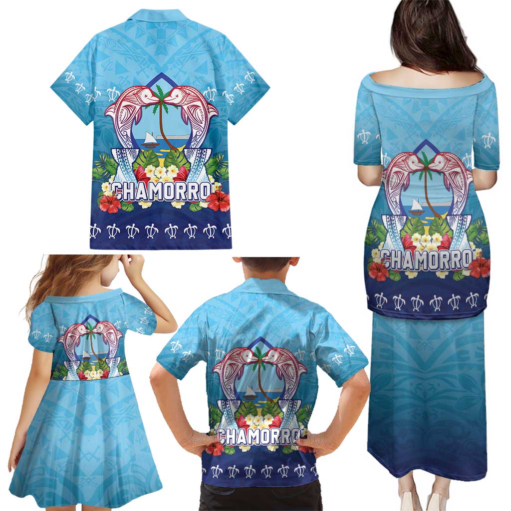 Guam Chamorro Family Matching Puletasi and Hawaiian Shirt Tribal Latte Stone With Dolphins Blue