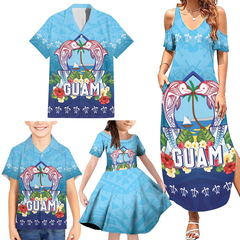 Guam Chamorro Family Matching Summer Maxi Dress and Hawaiian Shirt Tribal Latte Stone With Dolphins Blue