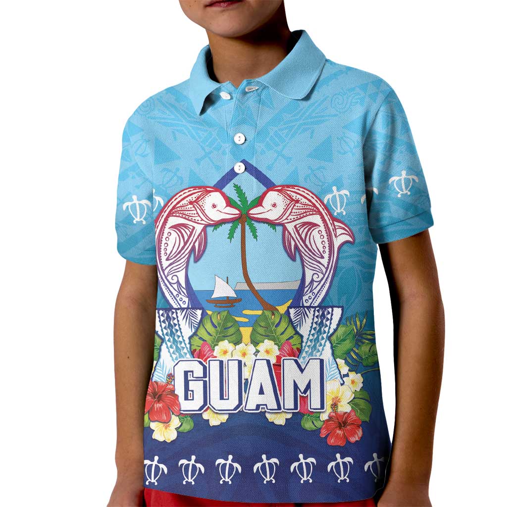 Guam Chamorro Kid Polo Shirt Tribal Latte Stone With Dolphins Blue