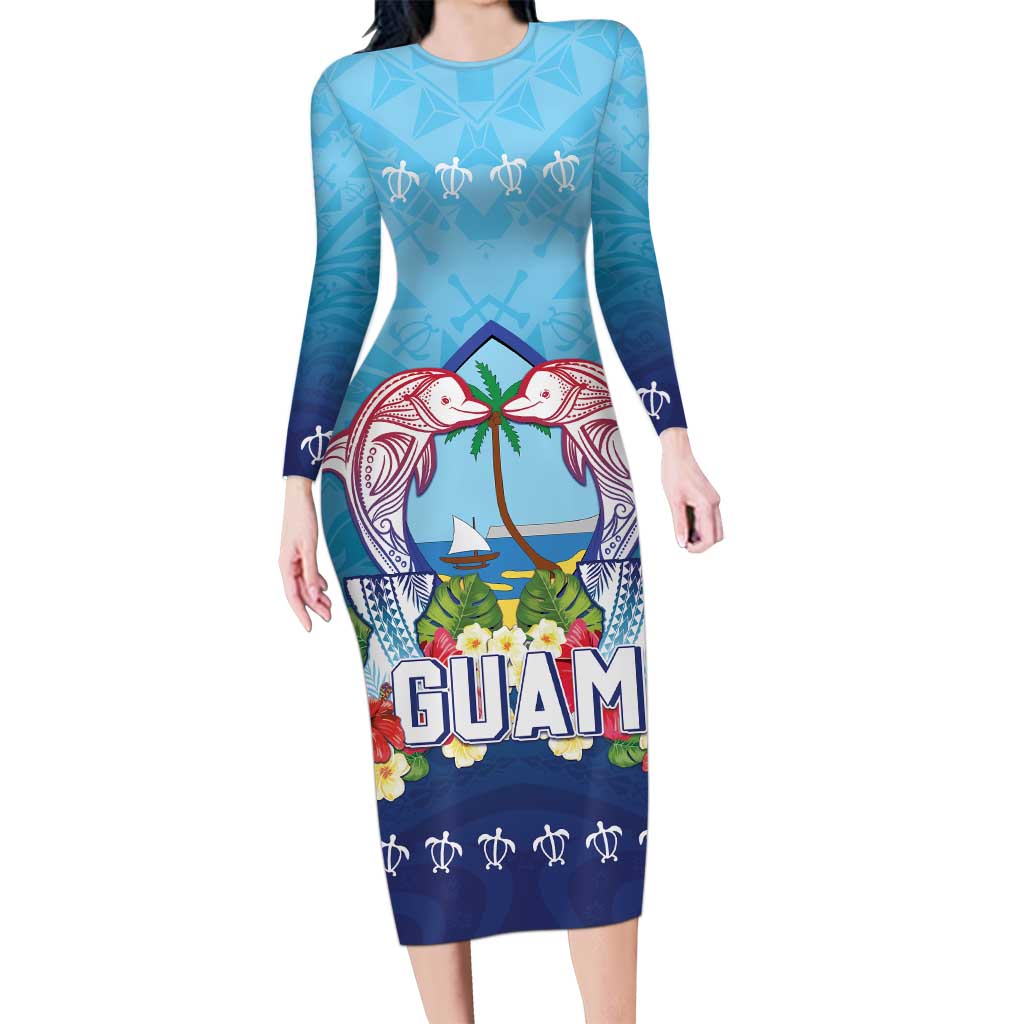 Guam Chamorro Long Sleeve Bodycon Dress Tribal Latte Stone With Dolphins Blue