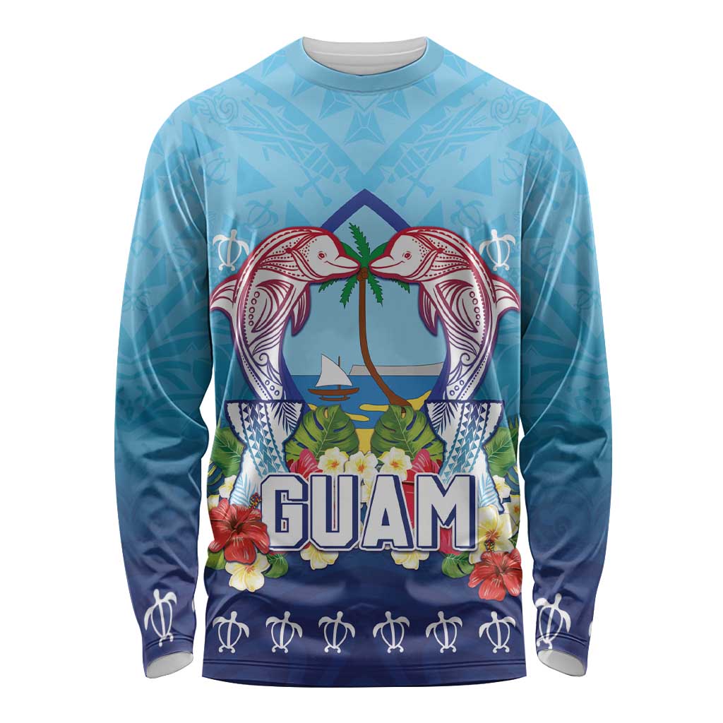 Guam Chamorro Long Sleeve Shirt Tribal Latte Stone With Dolphins Blue