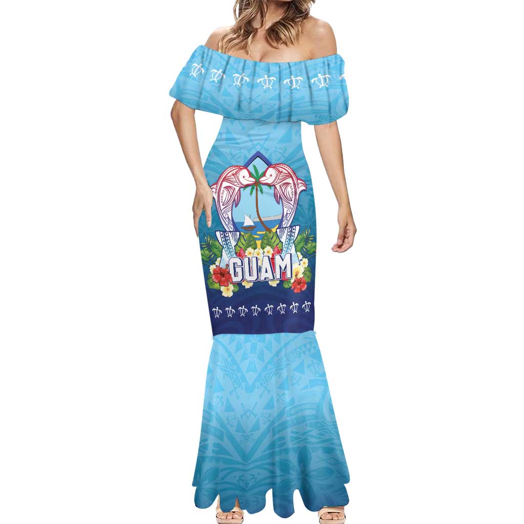 Guam Chamorro Mermaid Dress Tribal Latte Stone With Dolphins Blue
