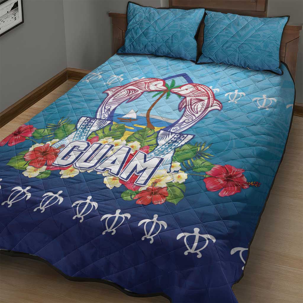 Guam Chamorro Quilt Bed Set Tribal Latte Stone With Dolphins Blue