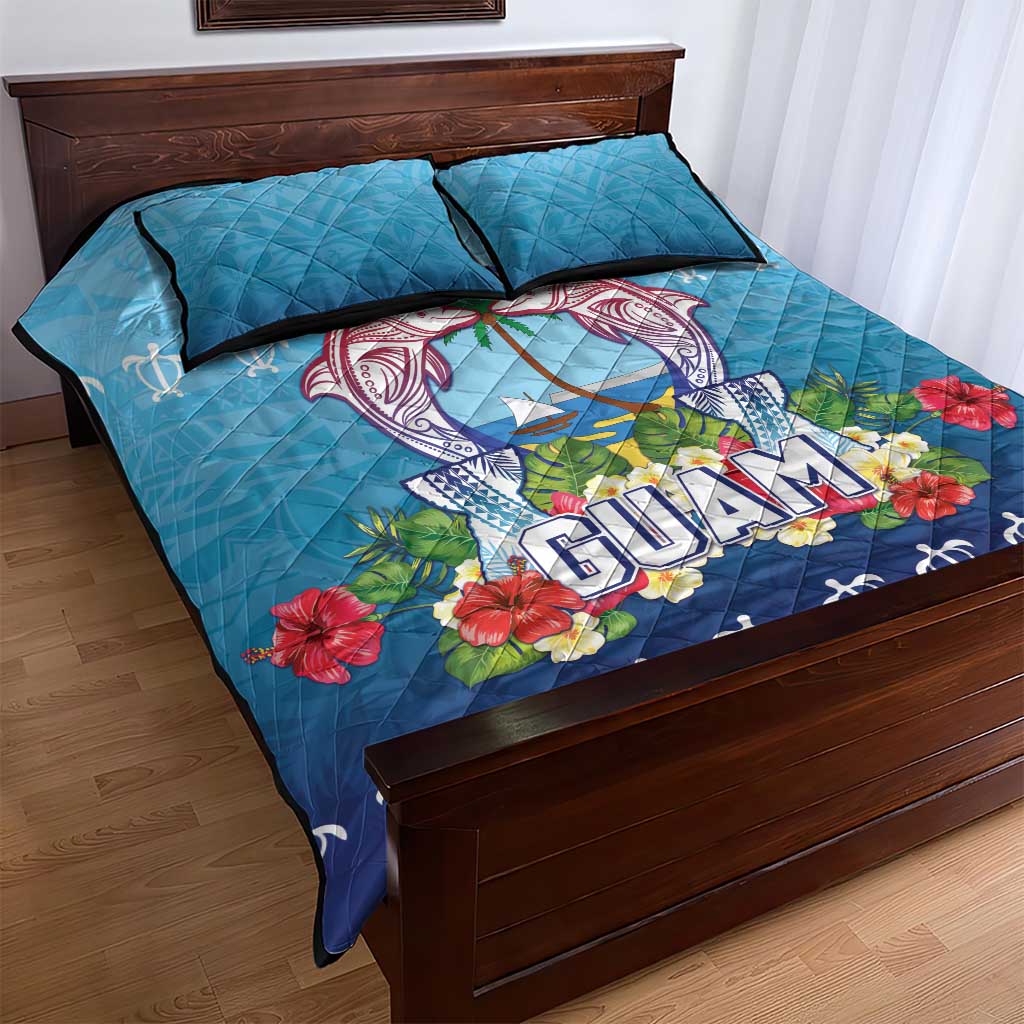 Guam Chamorro Quilt Bed Set Tribal Latte Stone With Dolphins Blue