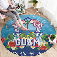 Guam Chamorro Round Carpet Tribal Latte Stone With Dolphins Blue