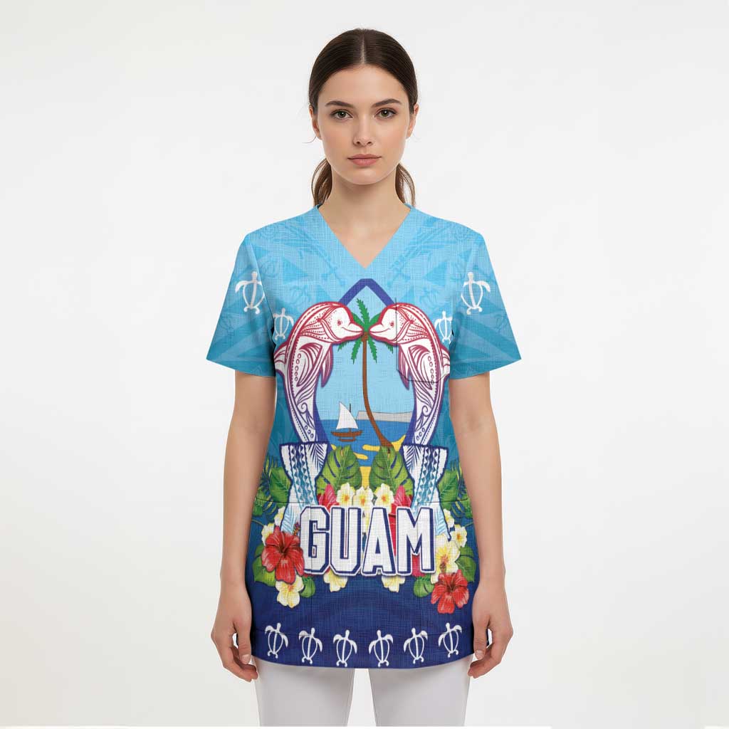 Guam Chamorro Scrub Top Tribal Latte Stone With Dolphins Blue - Polynesian Pride