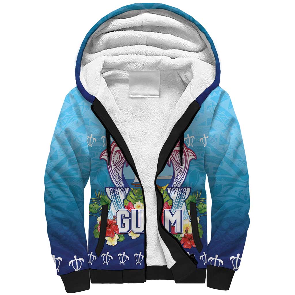 Guam Chamorro Sherpa Hoodie Tribal Latte Stone With Dolphins Blue