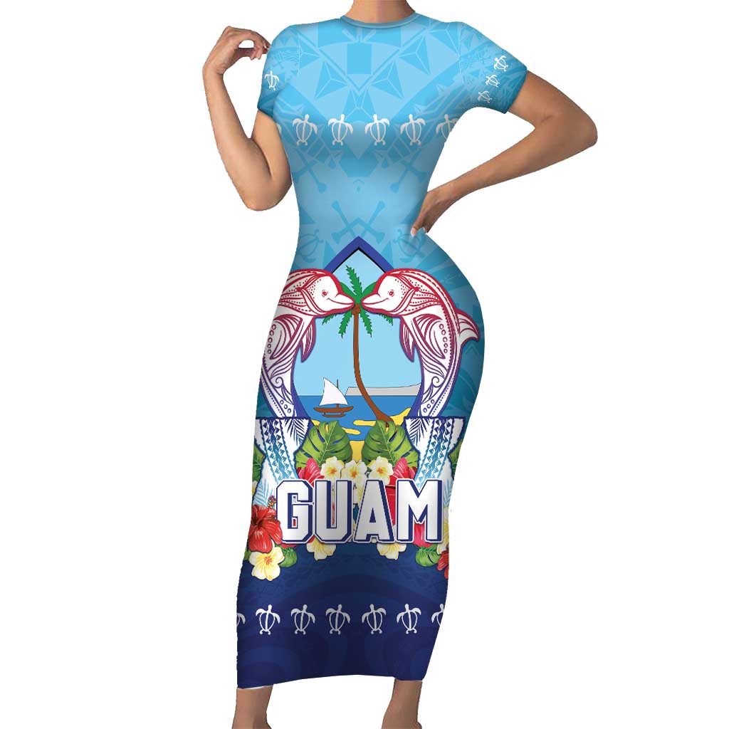 Guam Chamorro Short Sleeve Bodycon Dress Tribal Latte Stone With Dolphins Blue