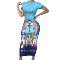Guam Chamorro Short Sleeve Bodycon Dress Tribal Latte Stone With Dolphins Blue