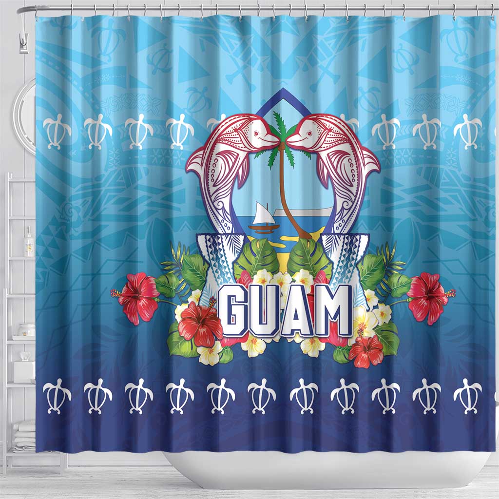 Guam Chamorro Shower Curtain Tribal Latte Stone With Dolphins Blue