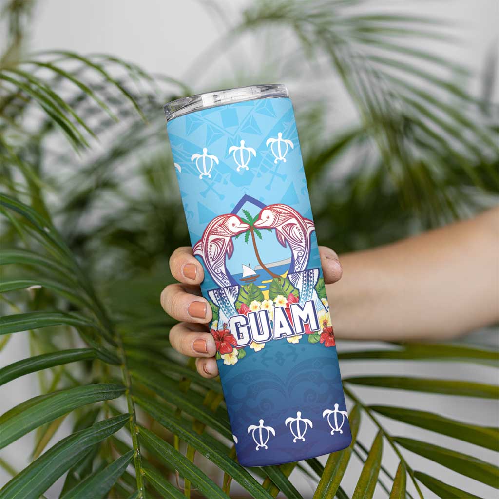 Guam Chamorro Skinny Tumbler Tribal Latte Stone With Dolphins Blue