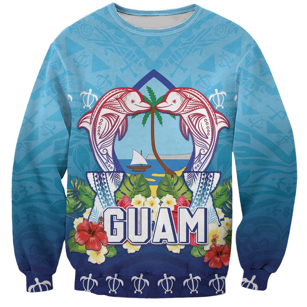 Guam Chamorro Sweatshirt Tribal Latte Stone With Dolphins Blue