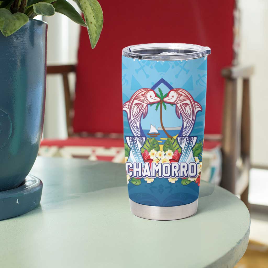 Guam Chamorro Tumbler Cup Tribal Latte Stone With Dolphins Blue