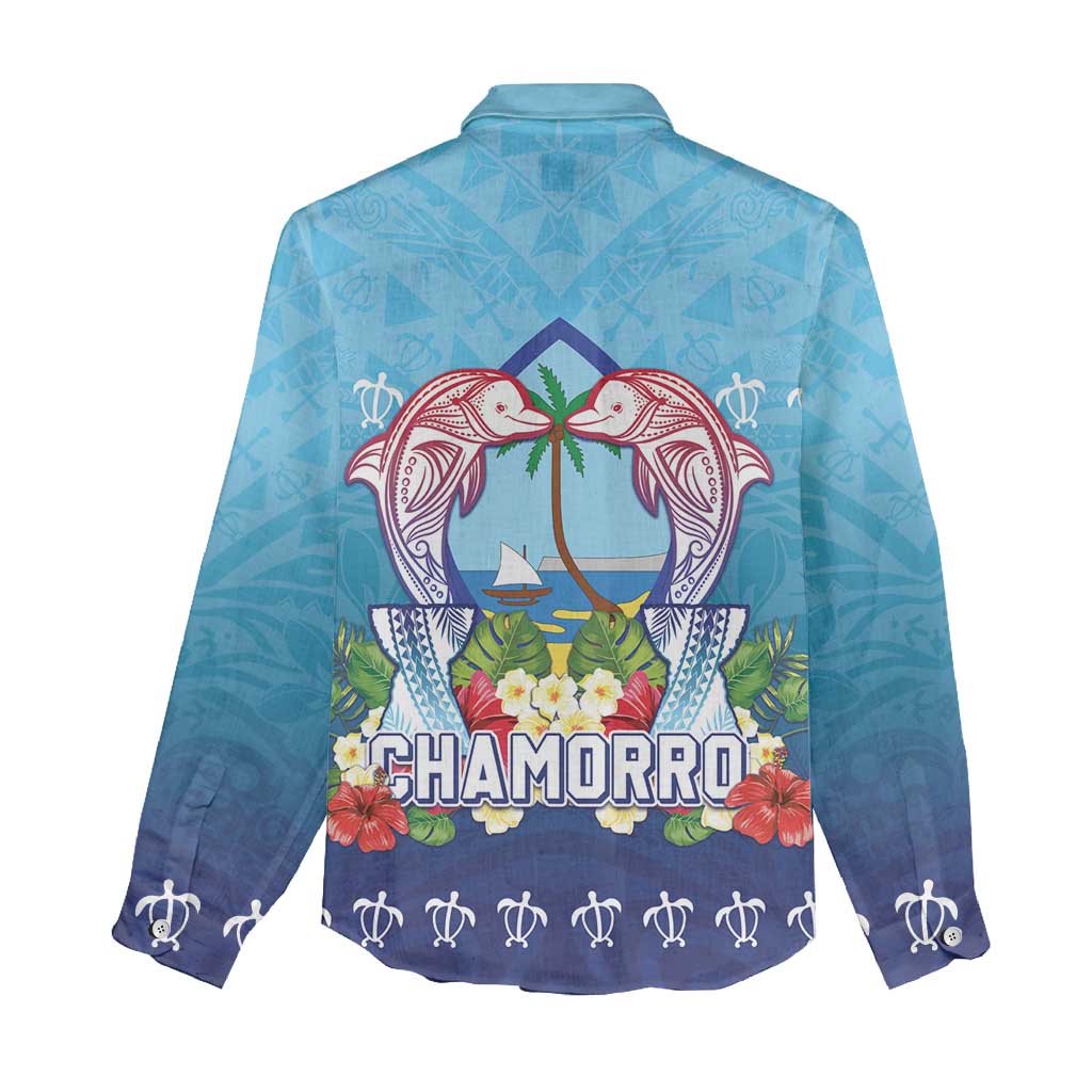 Guam Chamorro Women Casual Shirt Tribal Latte Stone With Dolphins Blue