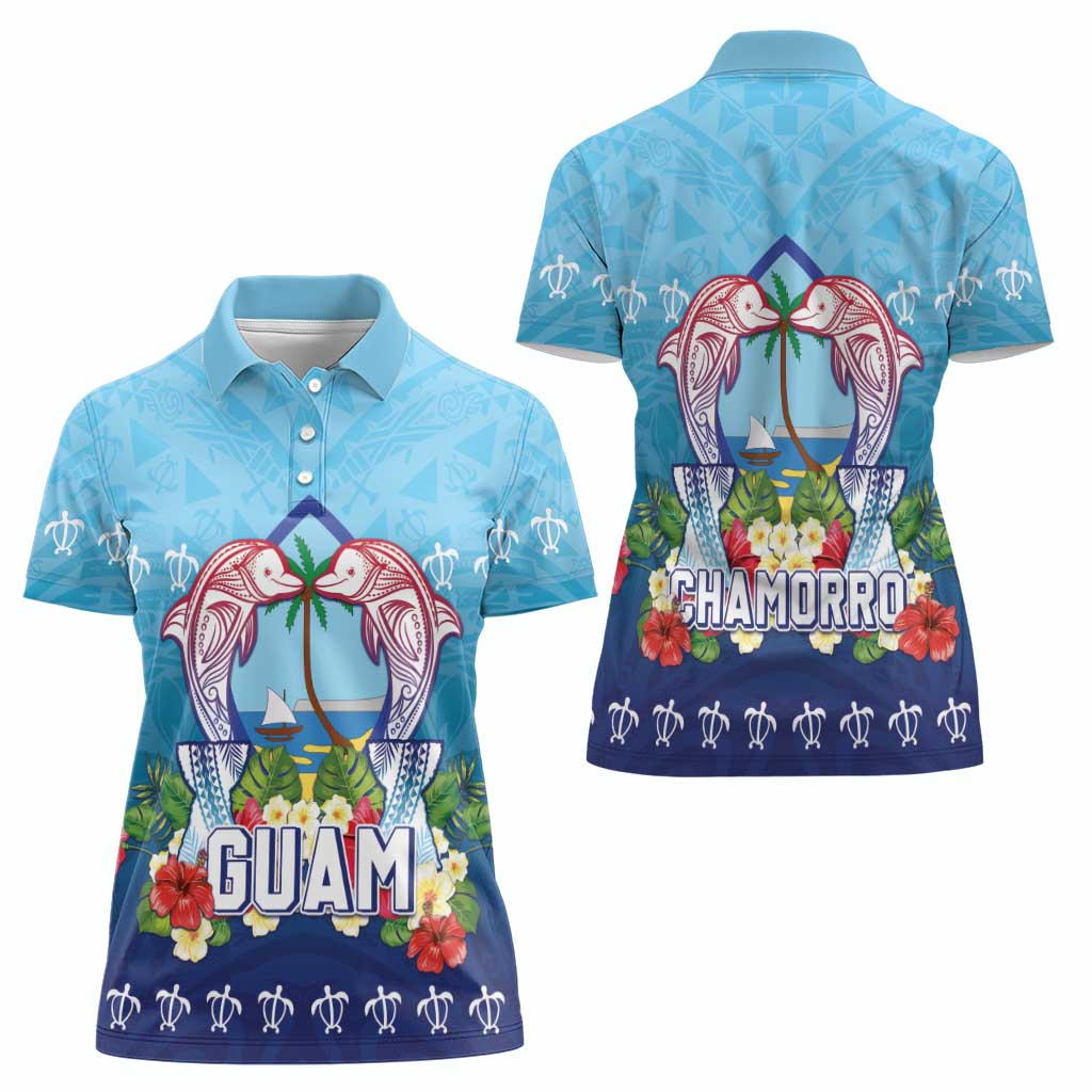 Guam Chamorro Women Polo Shirt Tribal Latte Stone With Dolphins Blue