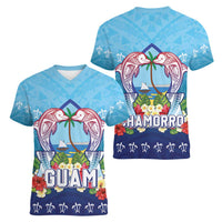 Guam Chamorro Women V-Neck T-Shirt Tribal Latte Stone With Dolphins Blue