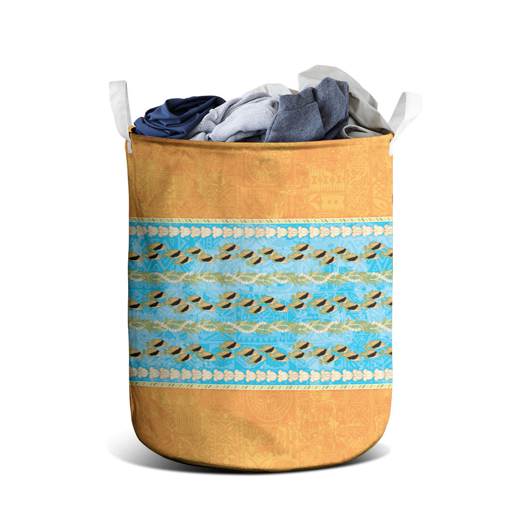 Hawaii Humuhumu Fish Maile Pikake Lei Laundry Basket Tribal Tapa Orange Version