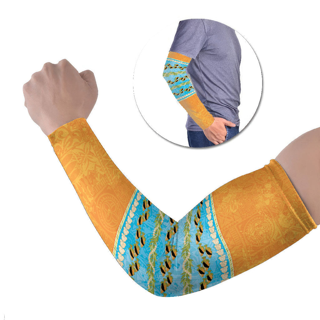 Hawaii Humuhumu Fish Maile Pikake Lei Arm Sleeves Tribal Tapa Orange Version