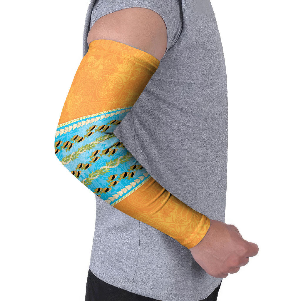 Hawaii Humuhumu Fish Maile Pikake Lei Arm Sleeves Tribal Tapa Orange Version