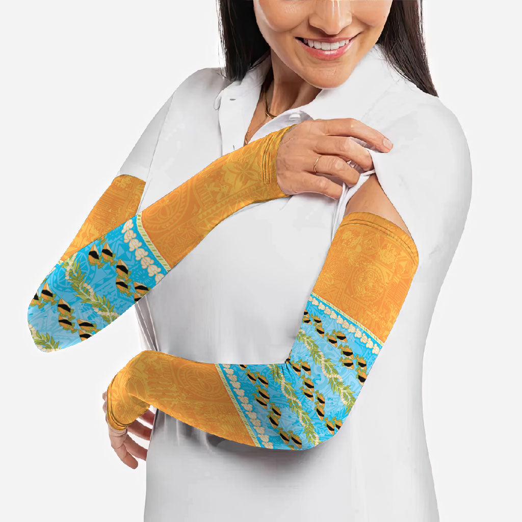 Hawaii Humuhumu Fish Maile Pikake Lei Arm Sleeves Tribal Tapa Orange Version