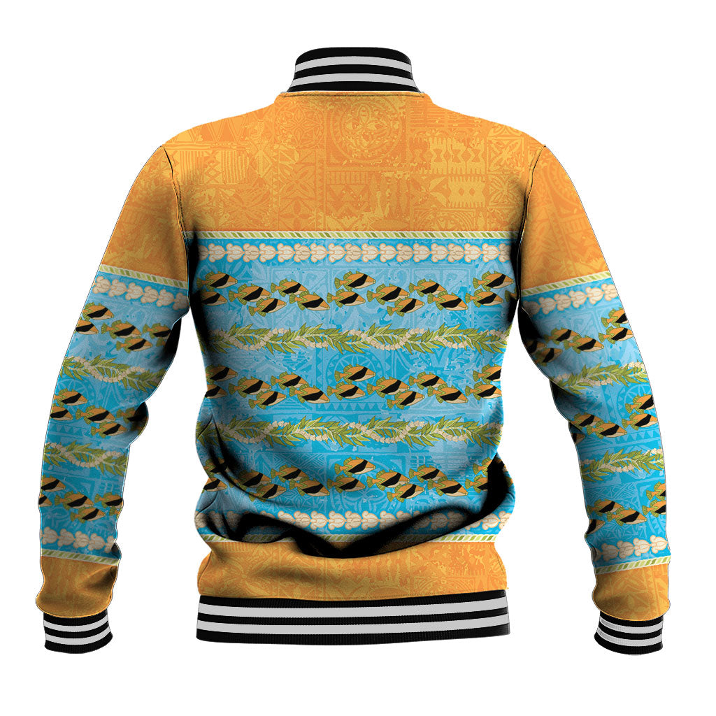 Hawaii Humuhumu Fish Maile Pikake Lei Baseball Jacket Tribal Tapa Orange Version