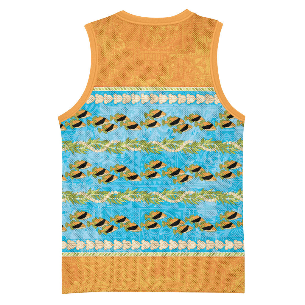 Hawaii Humuhumu Fish Maile Pikake Lei Basketball Jersey Tribal Tapa Orange Version