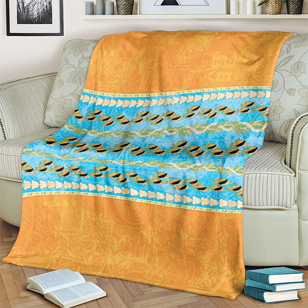 Hawaii Humuhumu Fish Maile Pikake Lei Blanket Tribal Tapa Orange Version