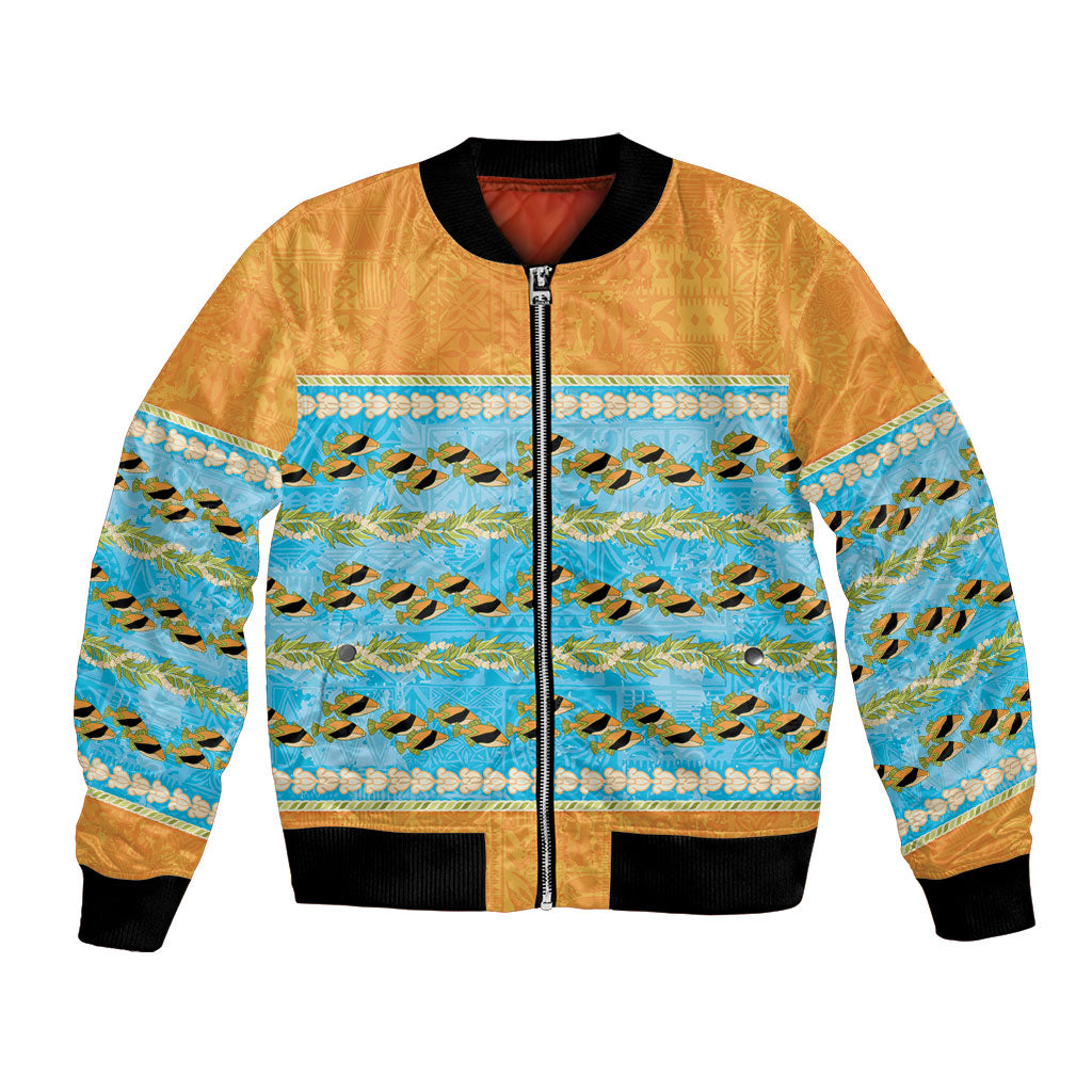 Hawaii Humuhumu Fish Maile Pikake Lei Bomber Jacket Tribal Tapa Orange Version