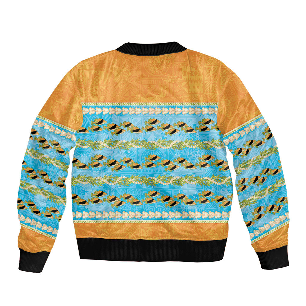 Hawaii Humuhumu Fish Maile Pikake Lei Bomber Jacket Tribal Tapa Orange Version